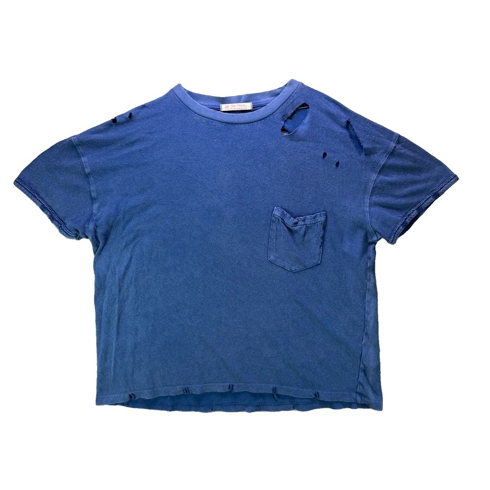 We The Free People Shirt Top Womens Large Blue Distressed Pocket T Destroyed